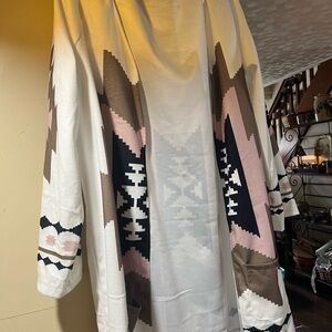 Geometric Patterned Women's long duster style - jacket White, Black, Pink, Brown